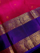 Magenta Pink with Purple-Blue Border pure kanjivaram silk saree with gold zari with peacock & elephant motifs — Kaash Collection