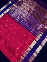 Magenta Pink with Purple-Blue Border pure kanjivaram silk saree with gold zari with peacock & elephant motifs — Kaash Collection
