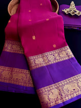 Magenta Pink with Purple-Blue Border pure kanjivaram silk saree with gold zari with peacock & elephant motifs — Kaash Collection