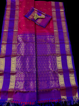 Magenta Pink with Purple-Blue Border pure kanjivaram silk saree with gold zari with peacock & elephant motifs — Kaash Collection