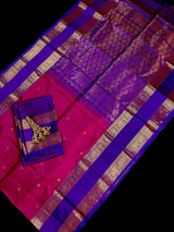 Magenta Pink with Purple-Blue Border pure kanjivaram silk saree with gold zari with peacock & elephant motifs — Kaash Collection