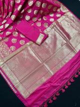Magenta Pink Traditional Banarasi Handloom Silk Saree with Wide Border - Kaash