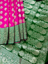 Magenta Pink with Bottle Green Banarasi saree in banarasi silk with traditional banarasi handweaving — Kaash Collection