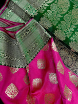 Magenta Pink with Bottle Green Traditional Banarasi Handloom Saree | Soft Silk Saree - Kaash