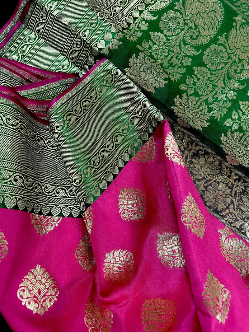 Magenta Pink with Bottle Green Traditional Banarasi Handloom Saree | Soft Silk Saree - Kaash