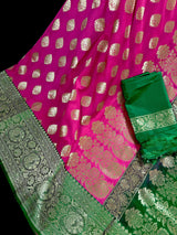 Magenta Pink with Bottle Green Traditional Banarasi Handloom Saree | Soft Silk Saree - Kaash