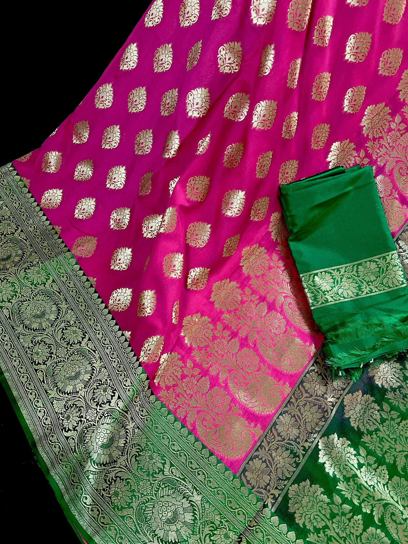 Magenta Pink with Bottle Green Traditional Banarasi Handloom Saree | Soft Silk Saree - Kaash