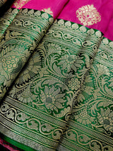 Magenta Pink with Bottle Green Traditional Banarasi Handloom Saree | Soft Silk Saree - Kaash