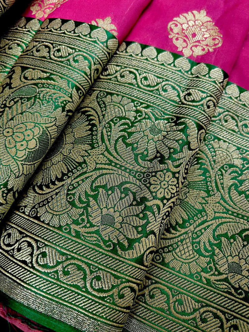Magenta Pink with Bottle Green Traditional Banarasi Handloom Saree | Soft Silk Saree - Kaash