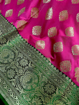 Magenta Pink with Bottle Green Traditional Banarasi Handloom Saree | Soft Silk Saree - Kaash
