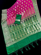 Magenta Pink with Bottle Green Traditional Banarasi Handloom Saree | Soft Silk Saree - Kaash