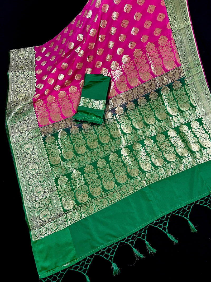Magenta Pink with Bottle Green Traditional Banarasi Handloom Saree | Soft Silk Saree - Kaash