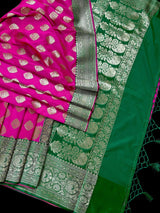 Magenta Pink with Bottle Green Traditional Banarasi Handloom Saree | Soft Silk Saree - Kaash