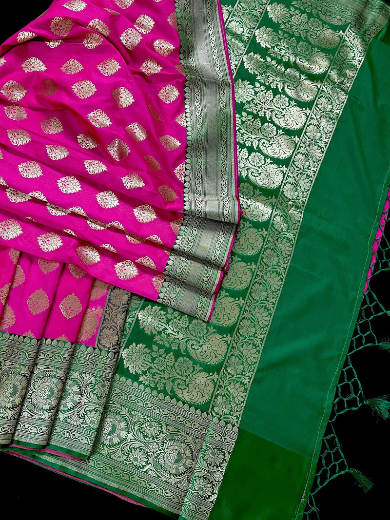 Magenta Pink with Bottle Green Traditional Banarasi Handloom Saree | Soft Silk Saree - Kaash