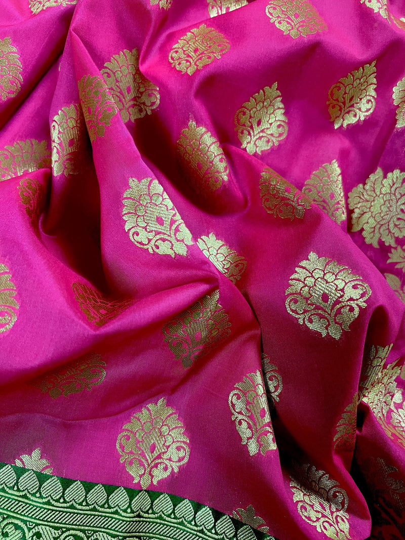 Magenta Pink with Bottle Green Traditional Banarasi Handloom Saree | Soft Silk Saree - Kaash
