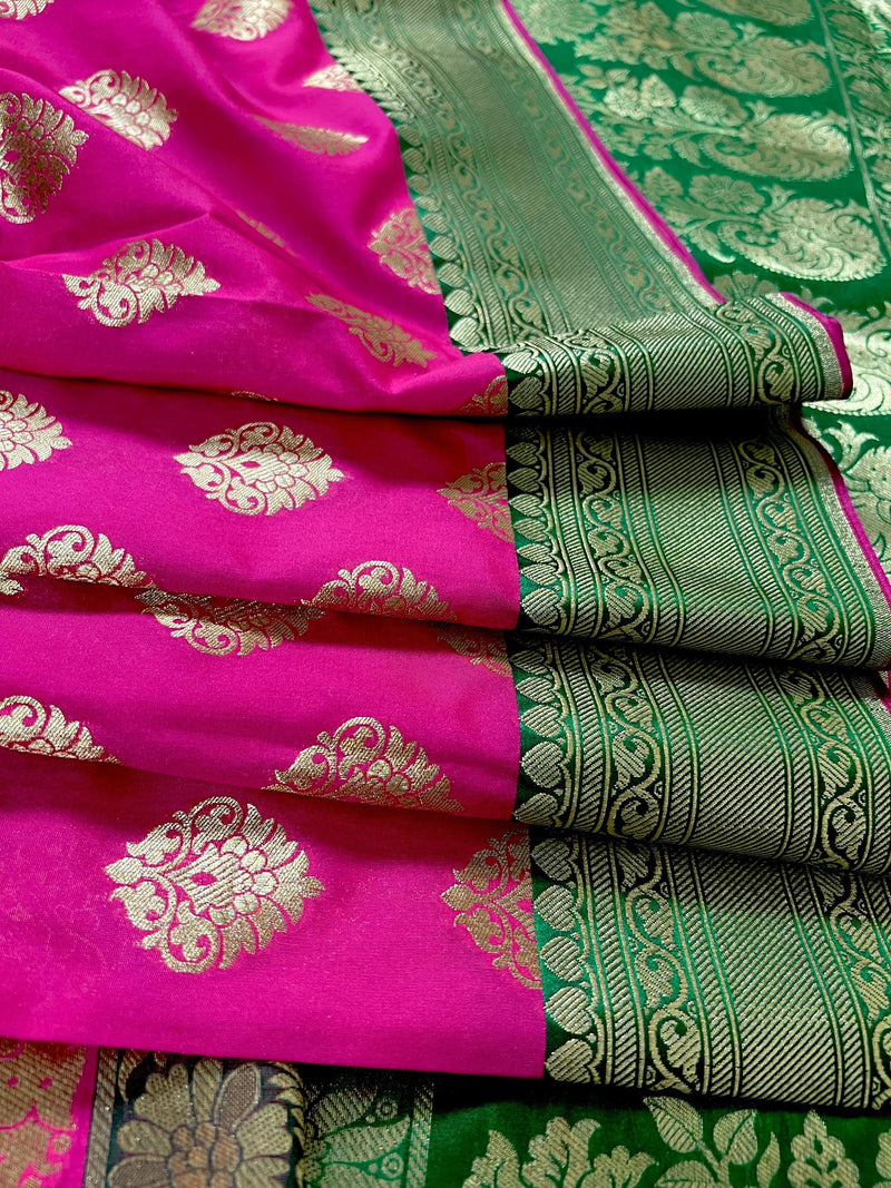 Magenta Pink with Bottle Green Traditional Banarasi Handloom Saree | Soft Silk Saree - Kaash