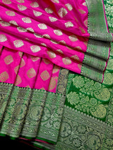 Magenta Pink with Bottle Green Traditional Banarasi Handloom Saree | Soft Silk Saree - Kaash