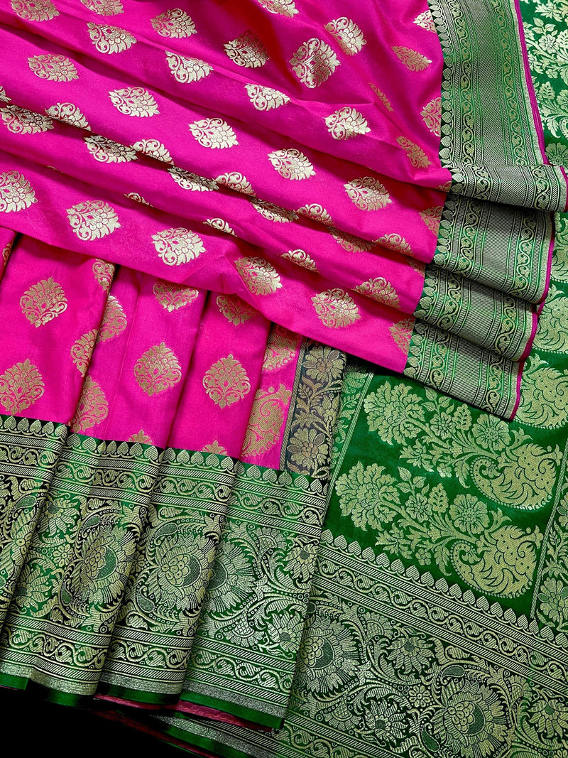 Magenta Pink with Bottle Green Traditional Banarasi Handloom Saree | Soft Silk Saree - Kaash