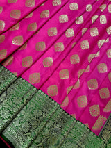 Magenta Pink with Bottle Green Traditional Banarasi Handloom Saree | Soft Silk Saree - Kaash