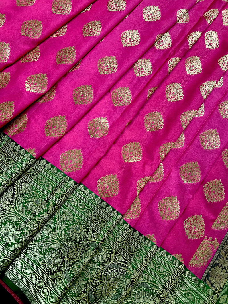 Magenta Pink with Bottle Green Traditional Banarasi Handloom Saree | Soft Silk Saree - Kaash