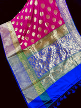 Magenta Pink with Green & Blue Banarasi saree in handloom banarasi saree with lotus motifs with 9" wide border — Kaash Collection