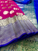 Magenta Pink with Green & Blue Banarasi saree in handloom banarasi saree with lotus motifs with 9" wide border — Kaash Collection
