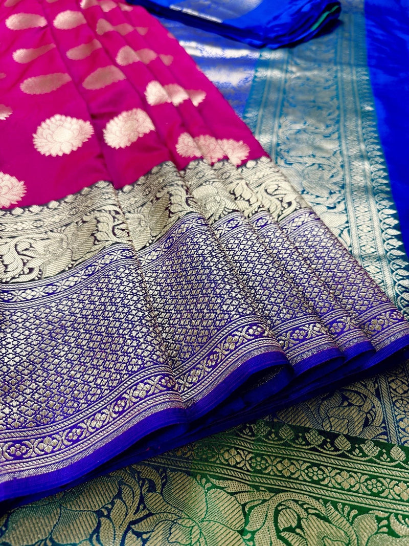 Magenta Pink with Green & Blue Banarasi saree in handloom banarasi saree with lotus motifs with 9" wide border — Kaash Collection
