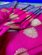 Magenta Pink with Green & Blue Banarasi saree in handloom banarasi saree with lotus motifs with 9" wide border — Kaash Collection