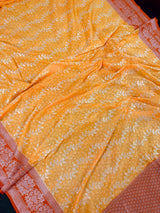 Mango Yellow & Orange Banarasi saree in banarasi silk with muted gold zari weaving — Kaash Collection