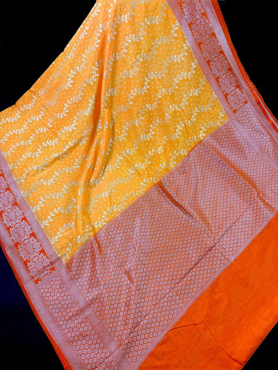 Mango Yellow & Orange Banarasi saree in banarasi silk with muted gold zari weaving — Kaash Collection