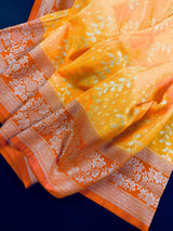 Mango Yellow & Orange Banarasi saree in banarasi silk with muted gold zari weaving — Kaash Collection
