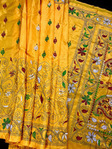 Mango Yellow hand Kantha stitch saree on Bangalori silk — Kaash Collection