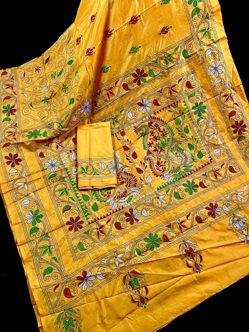 Mango Yellow hand Kantha stitch saree on Bangalori silk — Kaash Collection