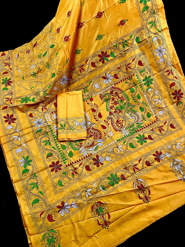 Mango Yellow Bangalori Silk Saree with Hand Kantha Stitch | Handwoven Kantha Stitch Sarees | Kantha Saress | Silk Sarees | Bengal Sarees - Kaash