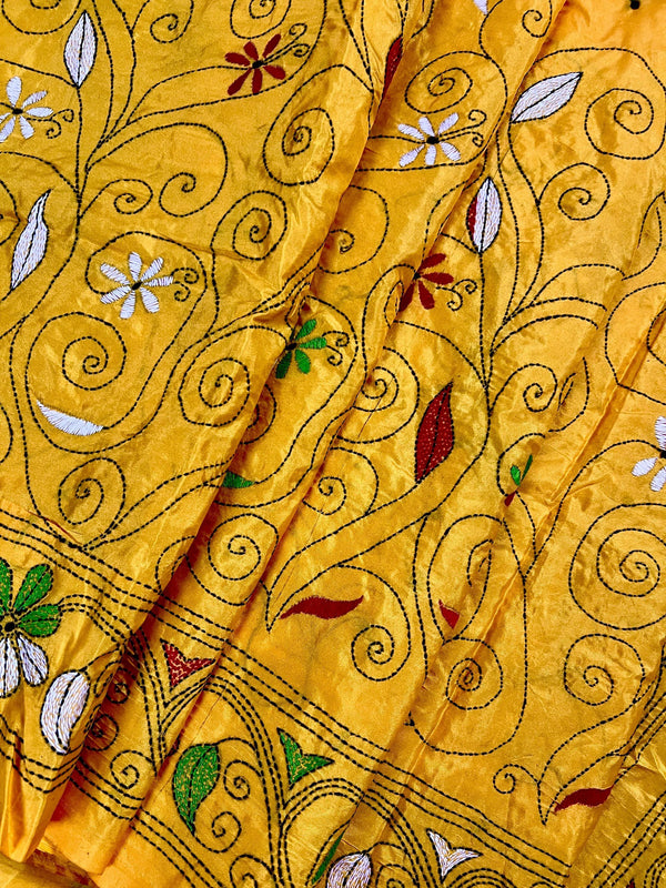 Mango Yellow Bangalori Silk Saree with Hand Kantha Stitch | Handwoven Kantha Stitch Sarees | Kantha Saress | Silk Sarees | Bengal Sarees - Kaash