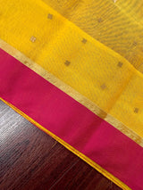 Mango Yellow Bengal Handloom Saree | Silk Cotton Sequin Sari with Pink combination - Kaash