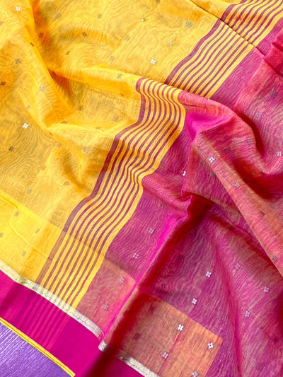 Mango Yellow Bengal Handloom Saree | Silk Cotton Sequin Sari with Pink combination - Kaash