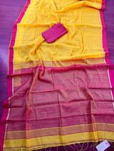 Mango Yellow Bengal Handloom Saree | Silk Cotton Sequin Sari with Pink combination - Kaash