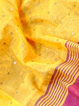 Mango Yellow Bengal Handloom Saree | Silk Cotton Sequin Sari with Pink combination - Kaash