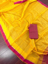 Mango Yellow Bengal Handloom Saree | Silk Cotton Sequin Sari with Pink combination - Kaash