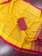 Mango Yellow Bengal Handloom Saree | Silk Cotton Sequin Sari with Pink combination - Kaash