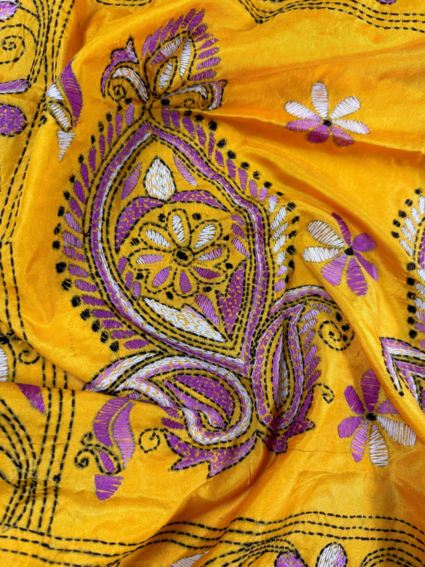 Mango Yellow Color Hand Kantha Stitch Saree with Multi Color | Handwoven Kantha Stitch Sarees | Kantha Saress | Bengal Saree - Kaash