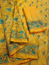 Mango Yellow Color Hand Kantha Stitch Saree with Tuquoise Kantha | Handwoven Kantha Stitch Sarees | Kantha Saress | Bengal Saree - Kaash