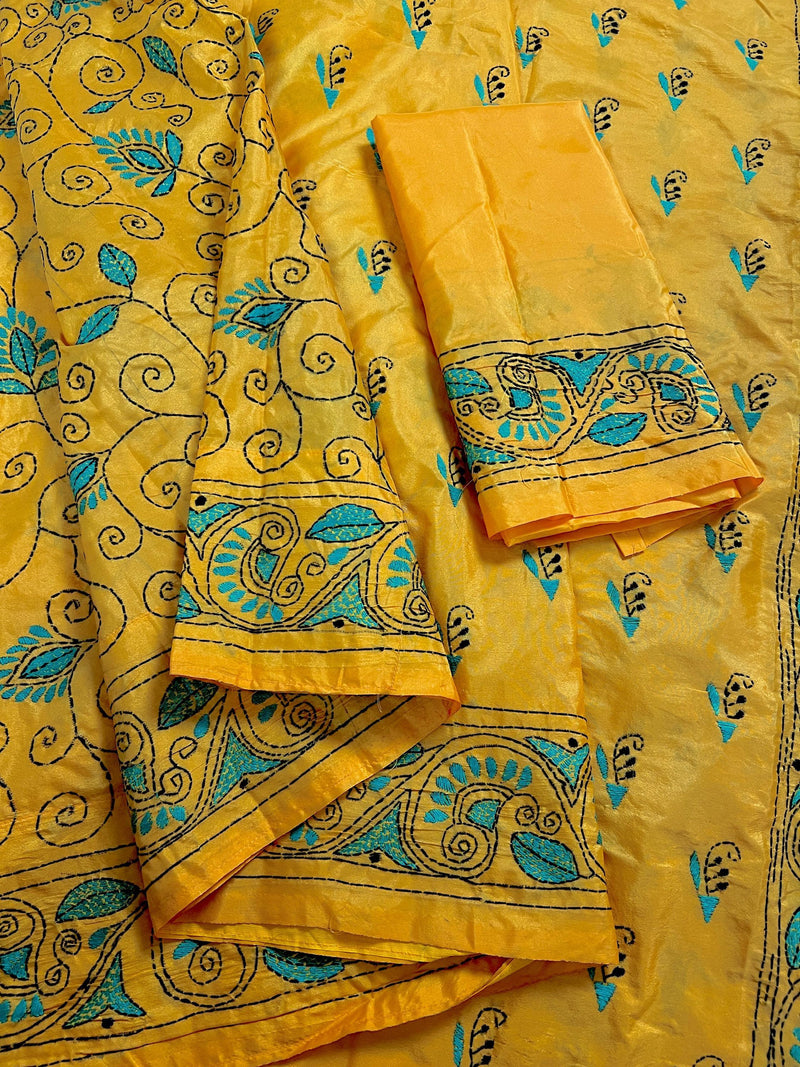 Mango Yellow Color Hand Kantha Stitch Saree with Tuquoise Kantha | Handwoven Kantha Stitch Sarees | Kantha Saress | Bengal Saree - Kaash