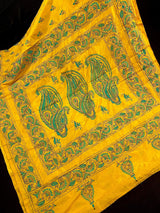 Mango Yellow Color Hand Kantha Stitch Saree with Tuquoise Kantha | Handwoven Kantha Stitch Sarees | Kantha Saress | Bengal Saree - Kaash