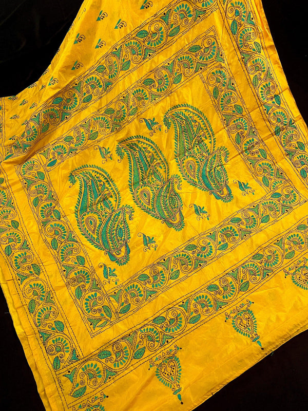 Mango Yellow Color Hand Kantha Stitch Saree with Tuquoise Kantha | Handwoven Kantha Stitch Sarees | Kantha Saress | Bengal Saree - Kaash