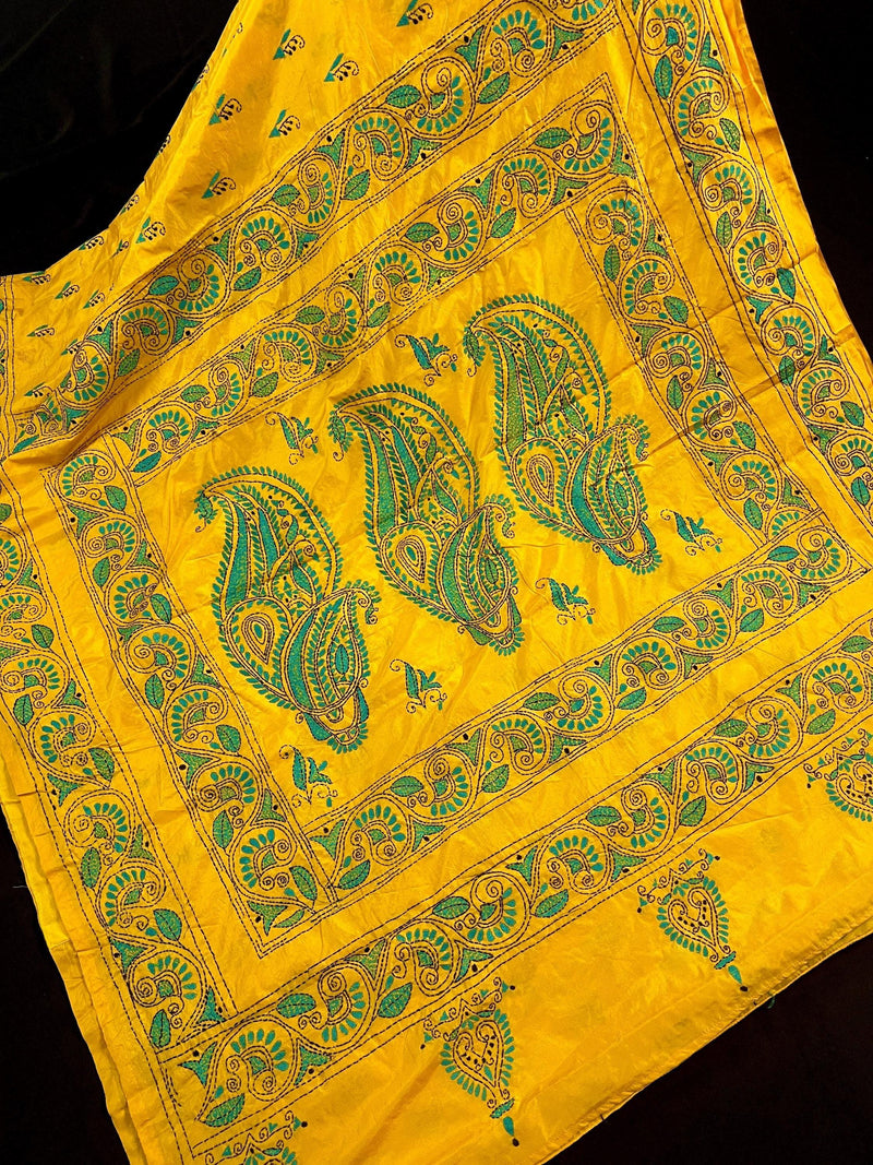 Mango Yellow Color Hand Kantha Stitch Saree with Tuquoise Kantha | Handwoven Kantha Stitch Sarees | Kantha Saress | Bengal Saree - Kaash