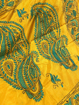 Mango Yellow Color Hand Kantha Stitch Saree with Tuquoise Kantha | Handwoven Kantha Stitch Sarees | Kantha Saress | Bengal Saree - Kaash