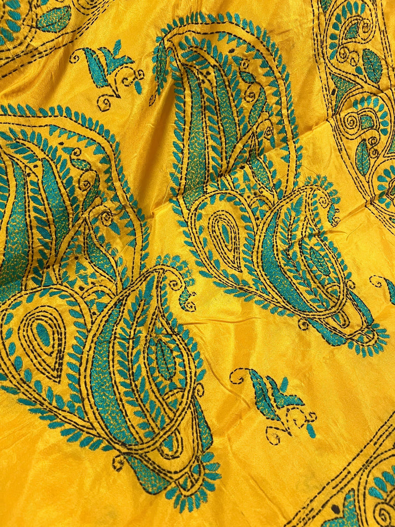 Mango Yellow Color Hand Kantha Stitch Saree with Tuquoise Kantha | Handwoven Kantha Stitch Sarees | Kantha Saress | Bengal Saree - Kaash