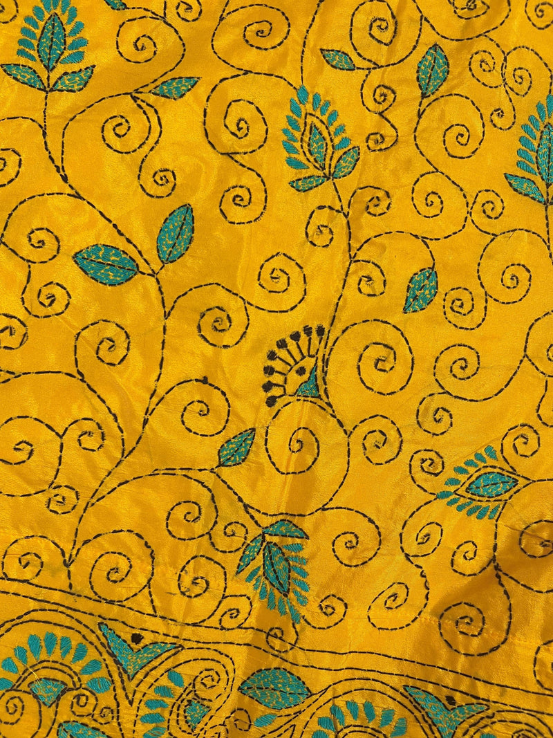 Mango Yellow Color Hand Kantha Stitch Saree with Tuquoise Kantha | Handwoven Kantha Stitch Sarees | Kantha Saress | Bengal Saree - Kaash